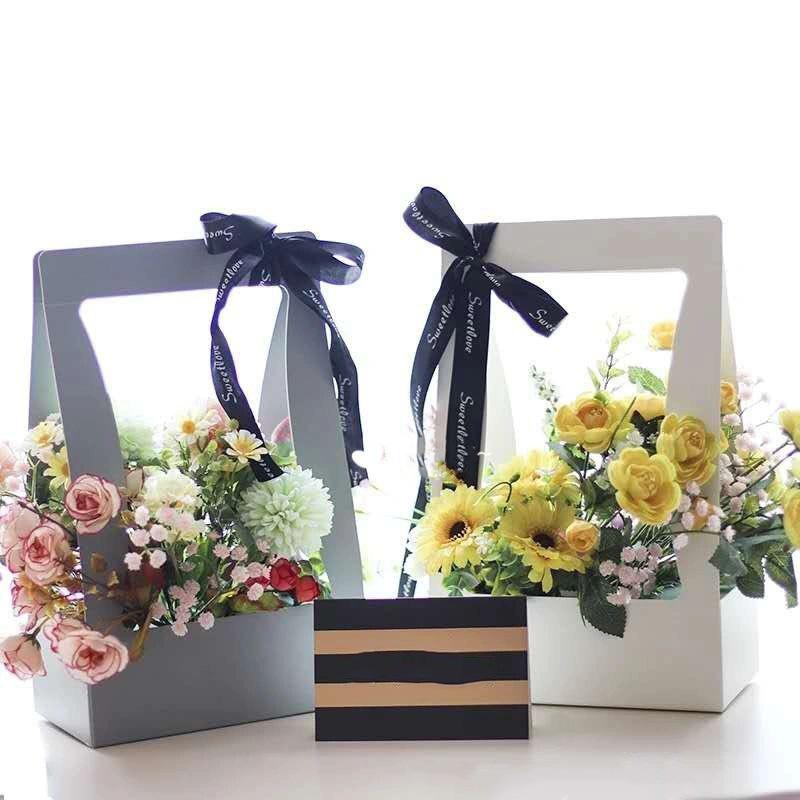 5Pcs Holiday Gift Elegant Design Double Sided Convenient Kraft Paper Portable Wrapping Box Water Proof Flower Basket