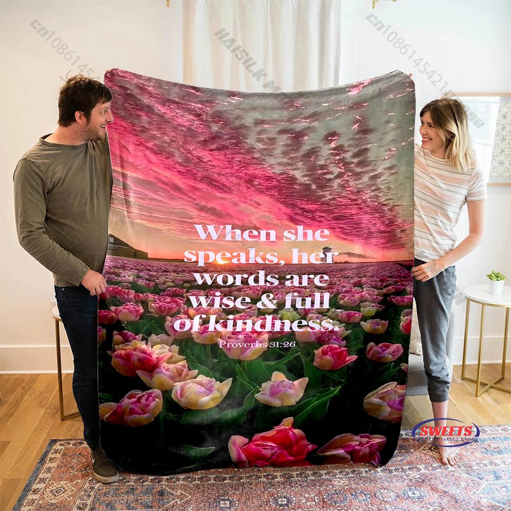 6 Sizes Christian Bible Verse Printed Flannel Fluffy Throw Camping Blanket for Family Friends Sofa Throw Thin Blanket Warm Gifts 75X95CM