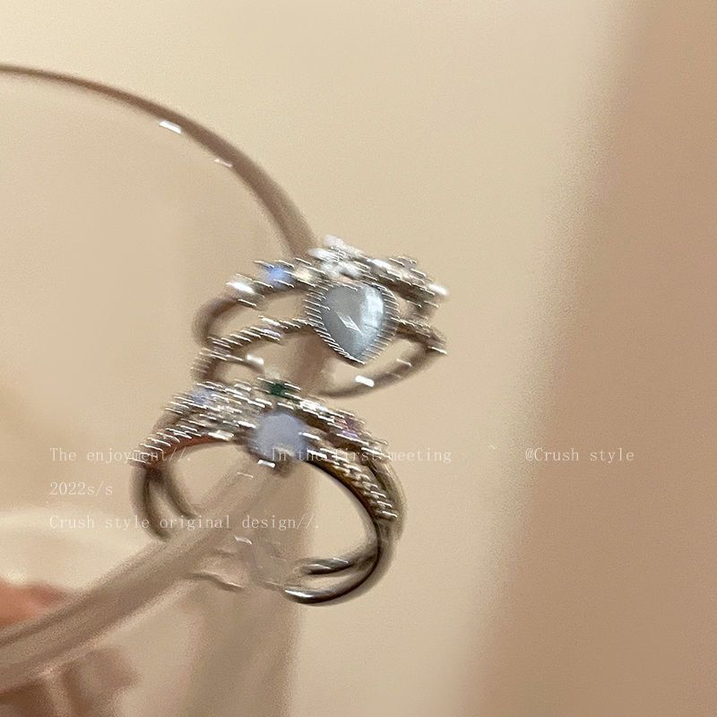 Sea blue love moonlight zircon open ring women's light luxury niche design sense index finger ring temperament adjustable ring