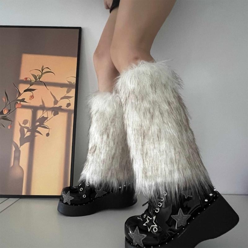 Fuzzy Faux Furs Leg Warmers Furs Heels Long Boots Cuffs Cover Has Elastic One Pair Carnivals Boot Cover Y2K JK Uniform