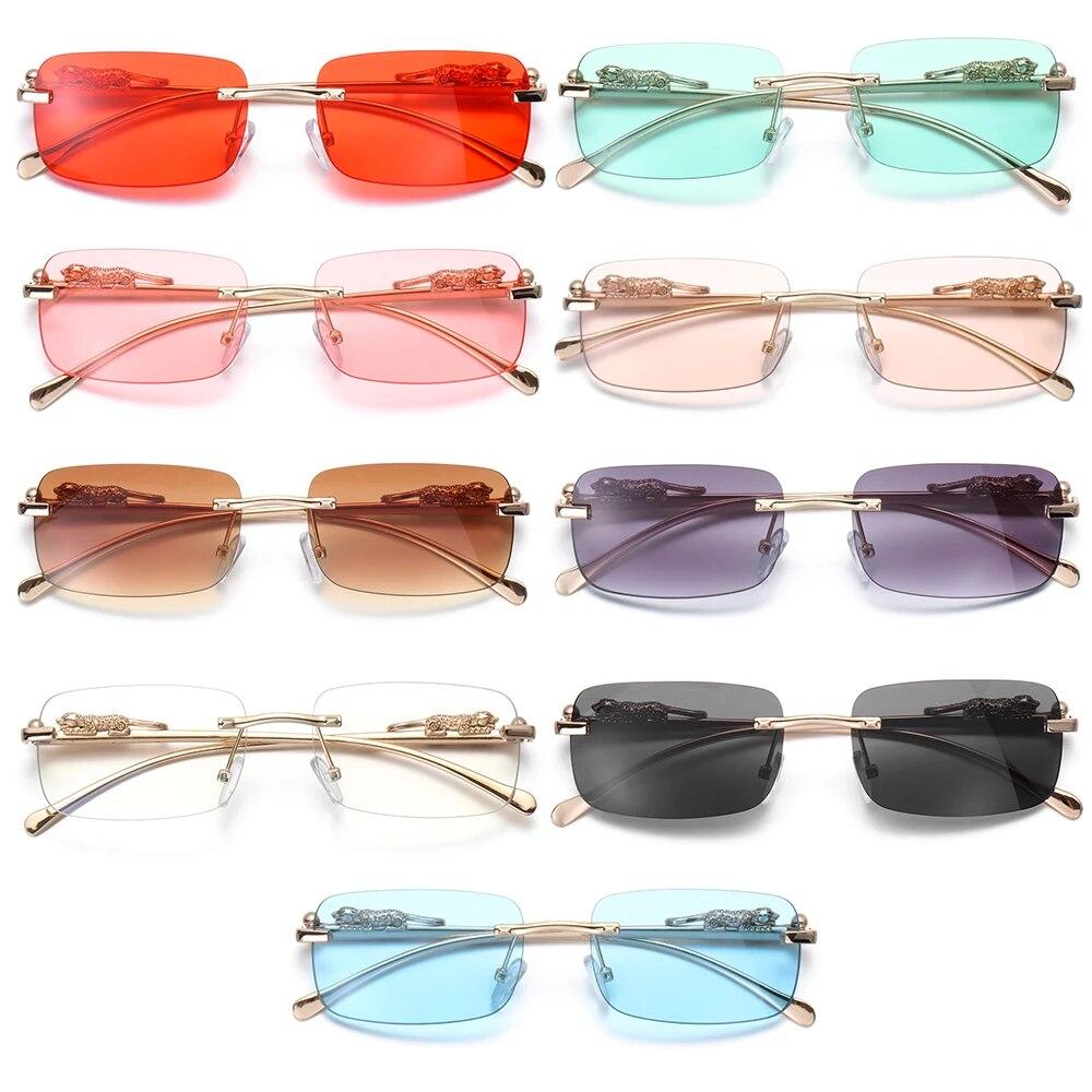 Rimless Rectangle Sunglasses Retro Clear Ocean Lens Sun Glasses Cheetah Decoration Shades UV400 Eyewear for Women Men