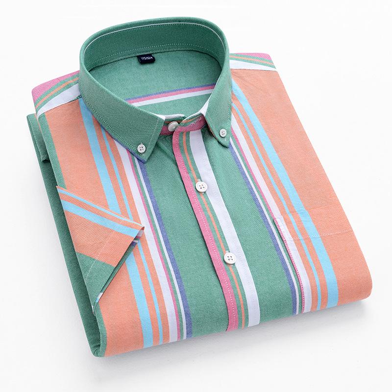 Men's Summer Striped Short-Sleeve Cotton Shirt with Turn-Down Collar