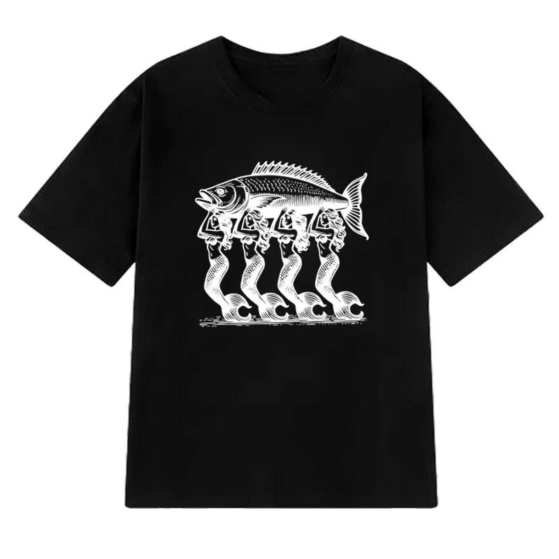 

Мужская футболка с коротким рукавом, 100% хлопок, с принтом в виде русалки и рыбы, модный и повседневный топ 4XL