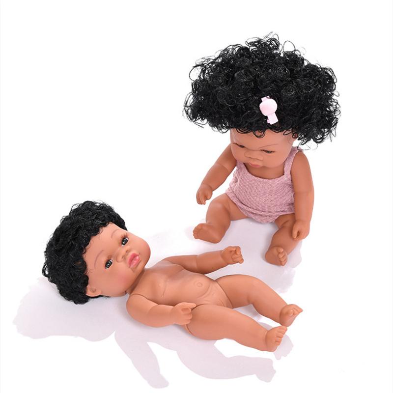 33cm Black Skin Reborn Girl Doll Full Vinyl Body Can Enter Water Simulation Baby Doll African Curly Hair Newborn Doll Children's Bath House Play Toy