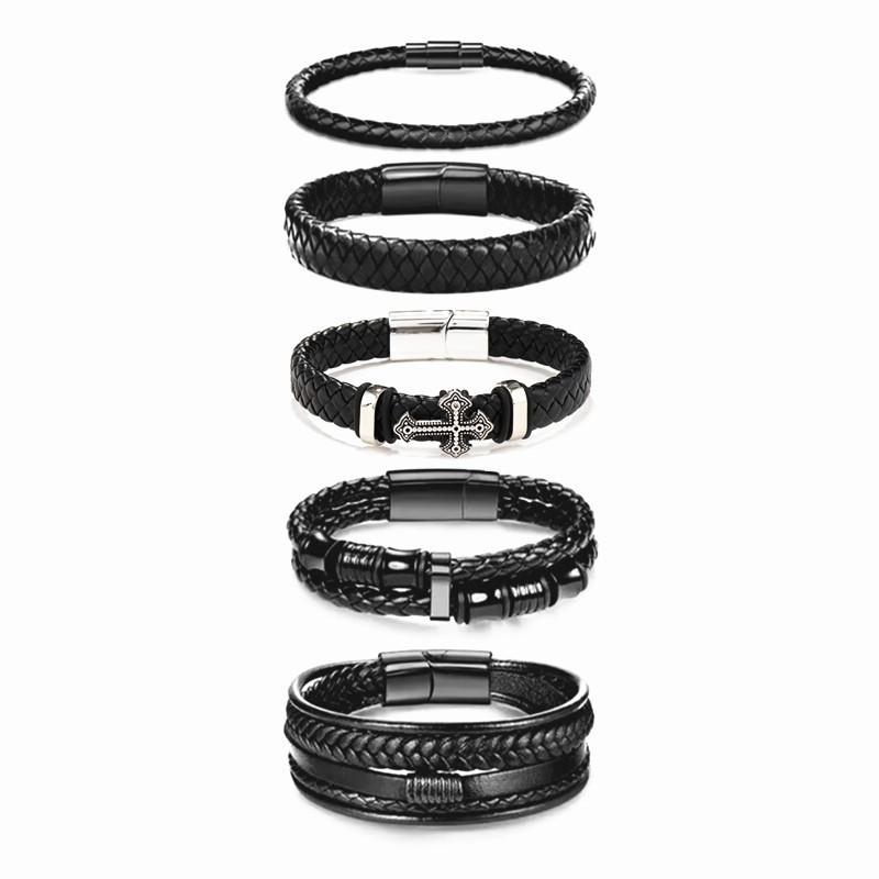 Mens Leather Braided Magnetic Multi-Layer Bracelet Set Geometric Style Unisex Handmade Jewelry