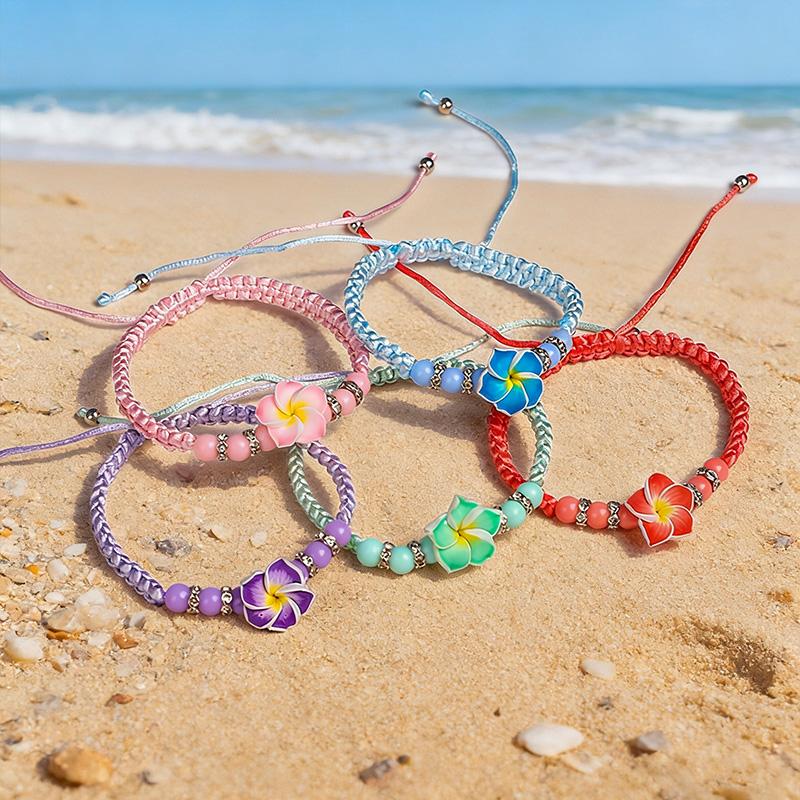 5pcs Hawaiian Bracelets Luau Summer Beach Party Gift Plumeria Flower Beaded Bangles Aloha Tropical Birthday Decoration Wedding