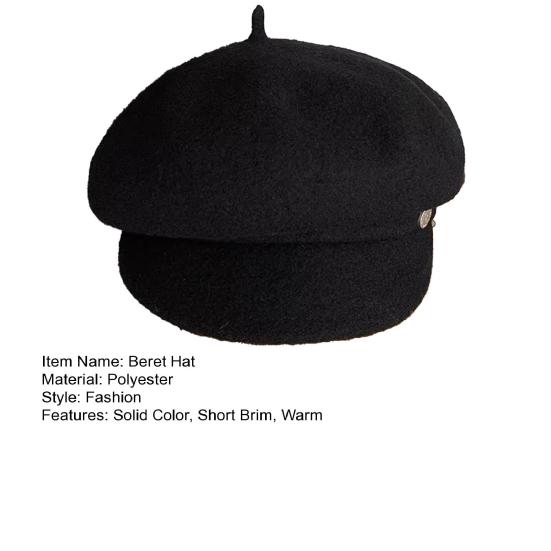 Women Beret Hat Solid Color Dome Top Style Painter Hat with Short Brim Warm Headwear Winter Fashion Accessory