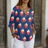 Women's Casual V-Neck Button Three-Quarter Sleeve Fourth of Print Pullover T-Shirt