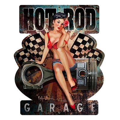 [A2567] - Retro Metal Sign 'Hot Rod Garage' Red Black Vintage - 48x40 Cm (Pin Up)
