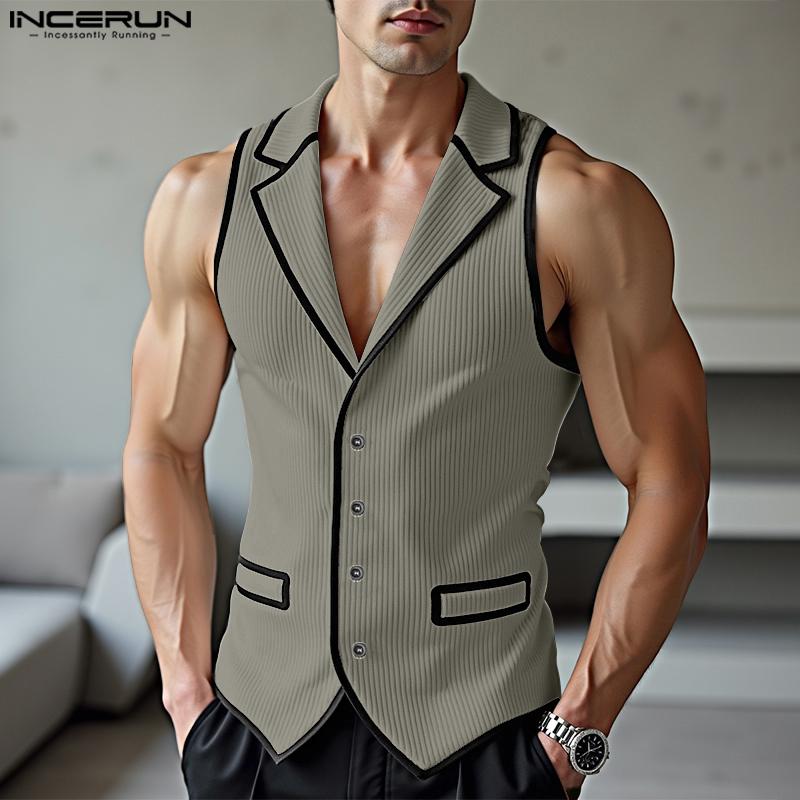 INCERUN Fashion Men Lapel Neck Sleeveless Stitching Buttons Casual Slim Thin Waistcoat Tops