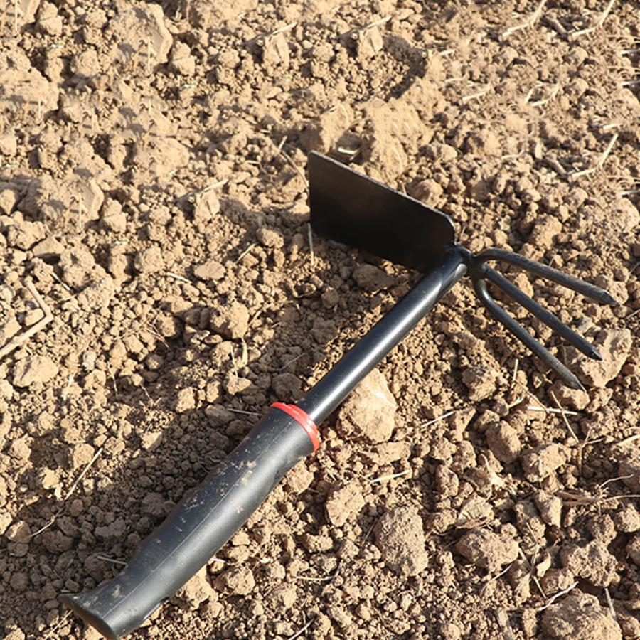 Rastrello a cinque denti con manico in gomma nera, set da quattro pezzi per giardinaggio, pala per fiori, zappa a doppio scopo, attrezzo da giardinaggio