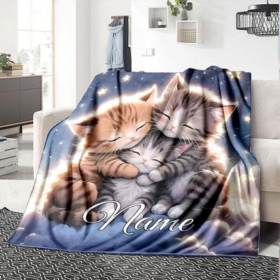 Adorable Kitten Sky Clouds Home Customize Your Name Blankets Soft And Cozy For All Seasons Perfect For Picnics Sofa Office Bed Living Room Ideal Gift