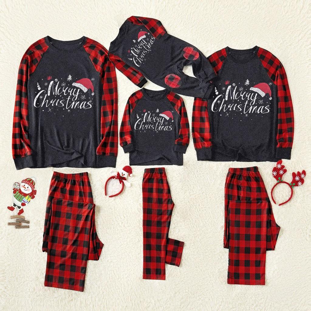 Christmas Man  Letter Plaid Print Top Blouse+Pants Family Clothes Pajamas