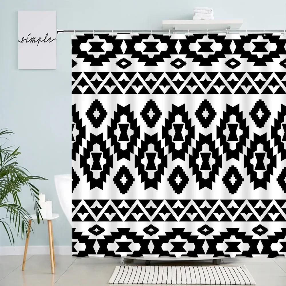 Creative Geometric Shower Curtains Retro Ethnic Style Design Pattern Print Modern Nordic Boho Bathroom Decor Bath Curtain Hooks