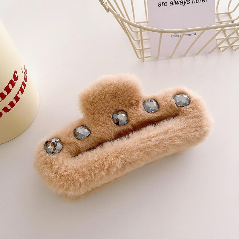 Chic Korean Style Soft Plush Hair Claw Clip With Sparkling Rhinestones For Women