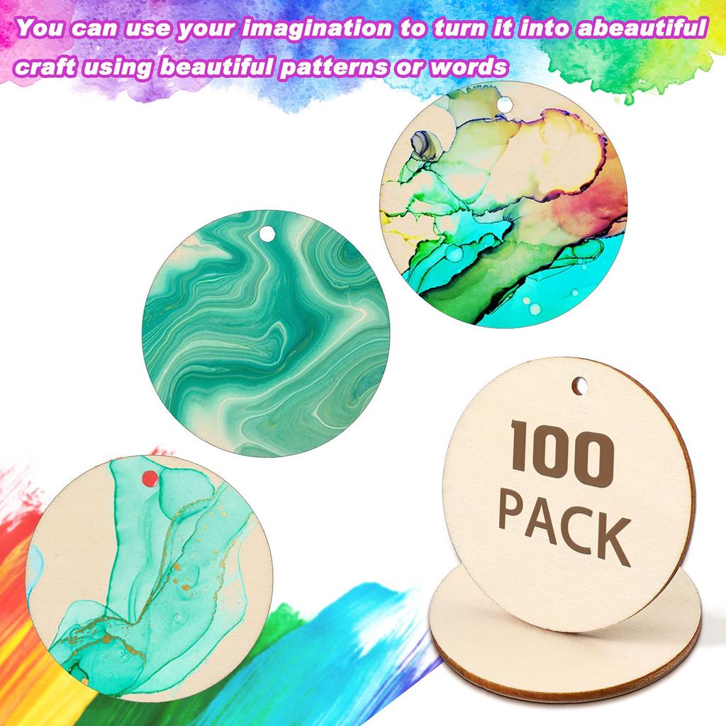 100Pcs 2.5/5cm Unfinished Wood Circles with Holes Round Wood Discs for DIY Crafts Party Birthday Christmas Decoration