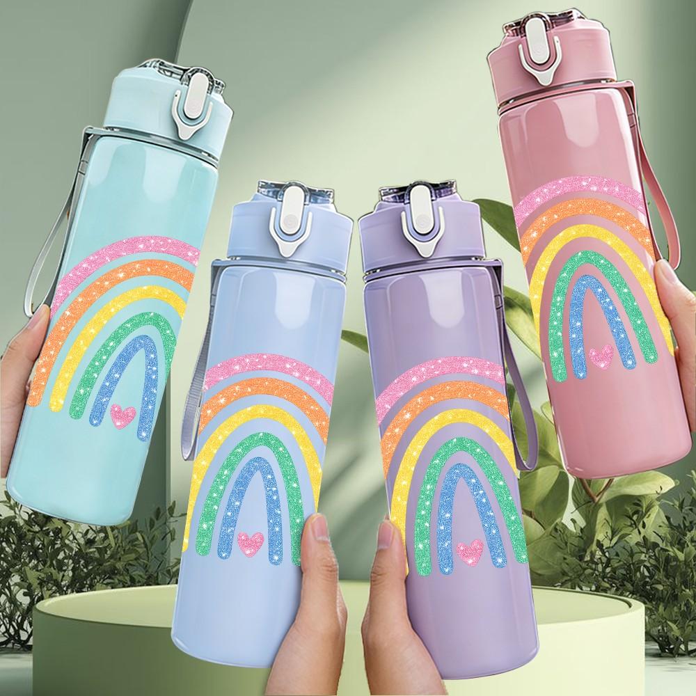 1PC Soft Pastel Rainbow Sky Print 750ml Color Plastic Sports Water Bottle Leakproof Flip Straw Lid Suitable for Sports Office Home Use