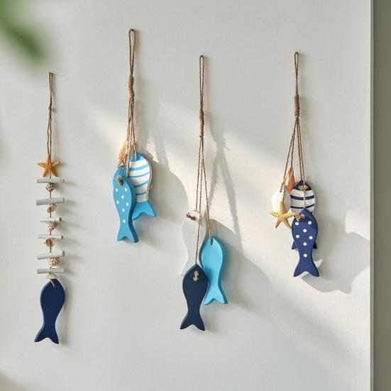 Wooden Fish Coastal Wall Ornament Nautical Theme Sea Fish Wall Art with Hemp Rope Vintage Lake House Hanging Sculpture for Home Living Room