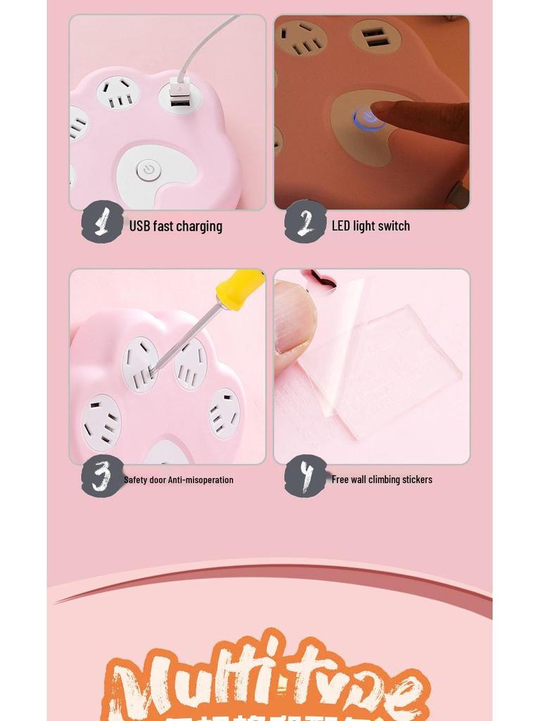 Creative Cat Paw Desktop Power Strip with USB - Multi-Outlet for Home or Office