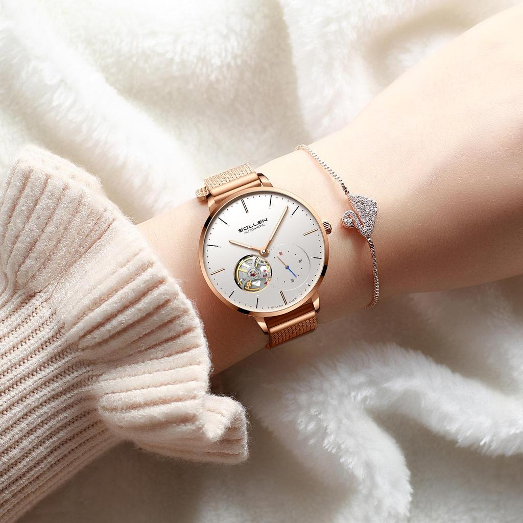 Solon Petite Ladies' Skeletonized Automatic Mesh Band Watch - Korean Style 