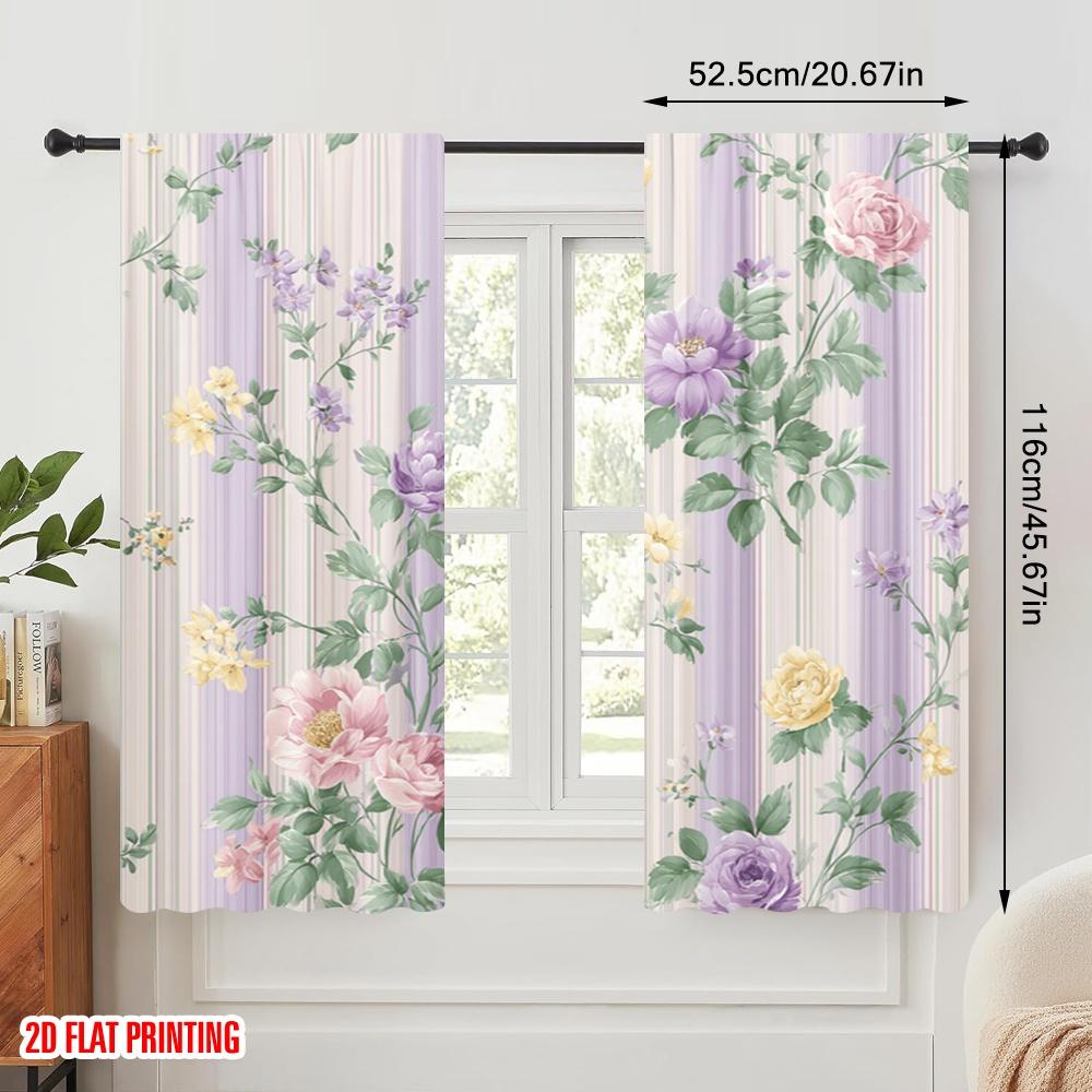 2 Stück, 2D-Flachdruck Vorhang Beliebt Floral Streifen Harmonie Vielseitiger Polyesterstoff (ohne Stange) Festlich Perfekt für