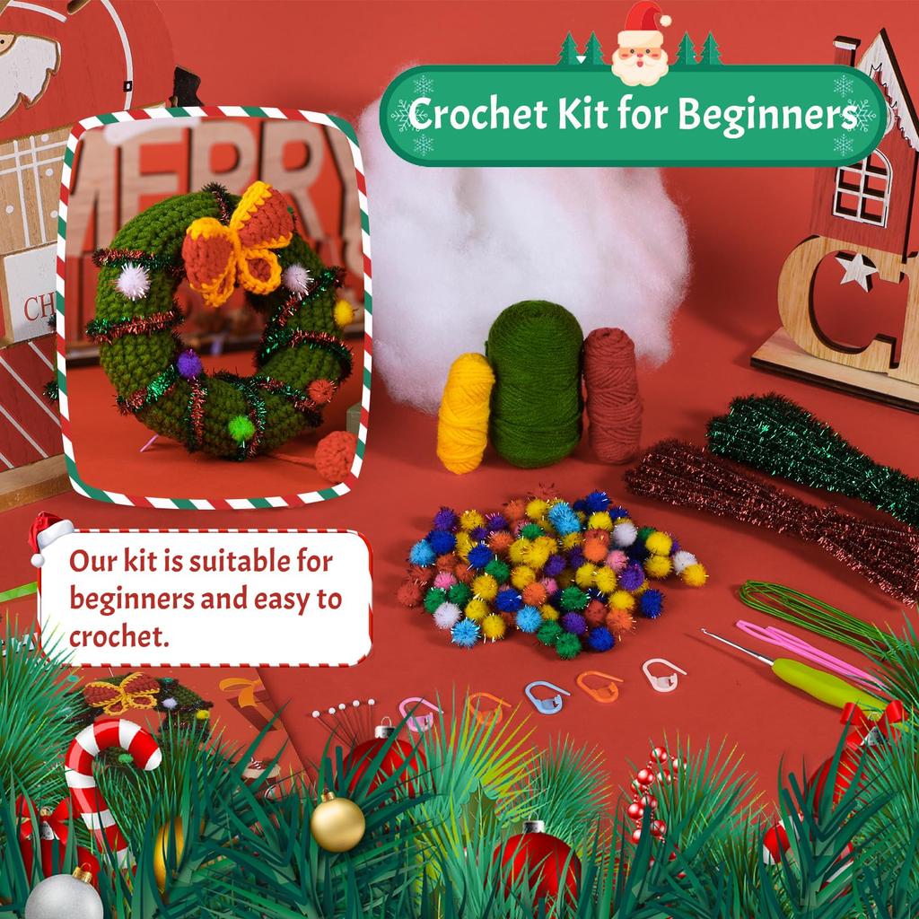 Fenrry Crochet Kit for Beginners Christmas Wreath Adults Knitting Kit with Step-by-Step Video Tutorials Crochet Yarn