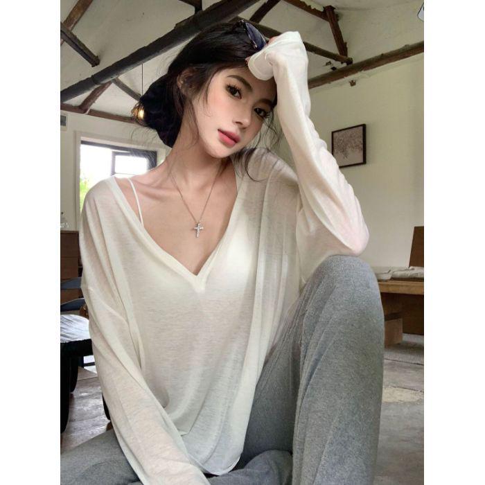 Tencel V-neck Ribbed Sheer Long Sleeve Loose Sun Protection Women's Top