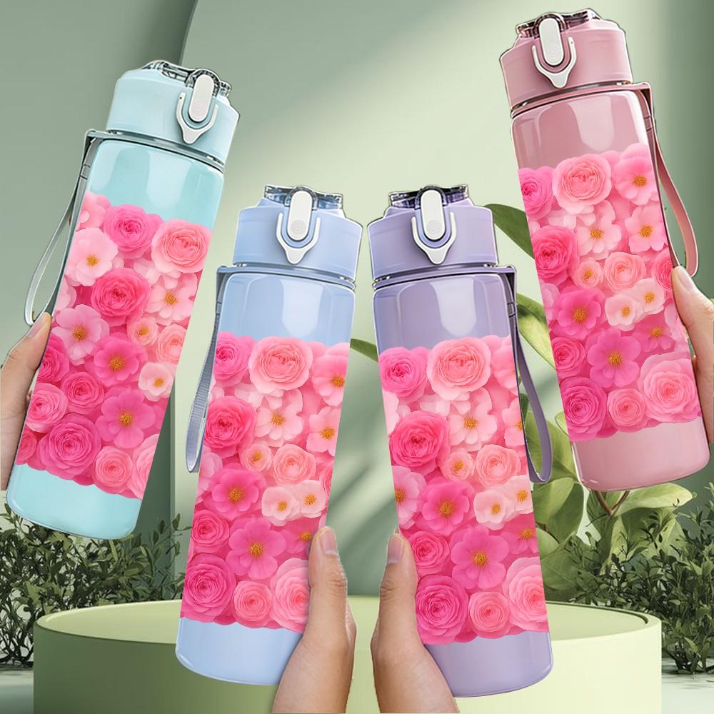 1PC Pink Chrysanthemum Full Bloom Print 750ml Color Plastic Sports Water Bottle Leakproof Flip Straw Lid Suitable for Sports Office Home Use