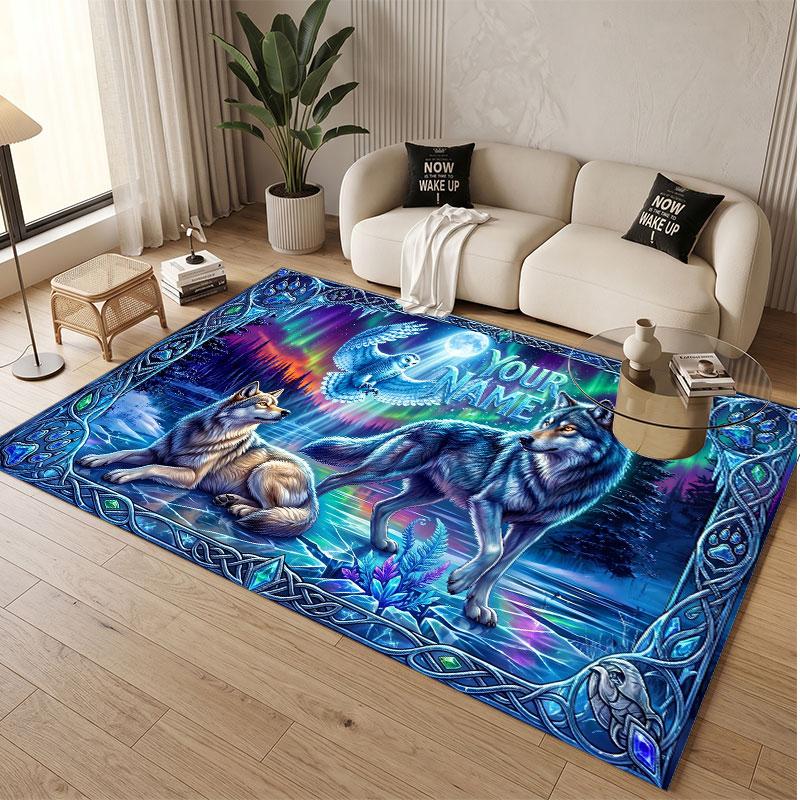 Wolf Theme Soft Crystal Velvet Rug Custom Name & Text Print Non Slip Floor Rug for Bedroom Living Room