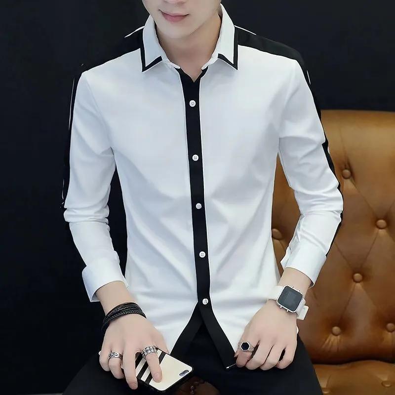 Herren Slim Fit Schwarz-Weiß Color Block Langarmhemd Lässig Business Formell Hemd