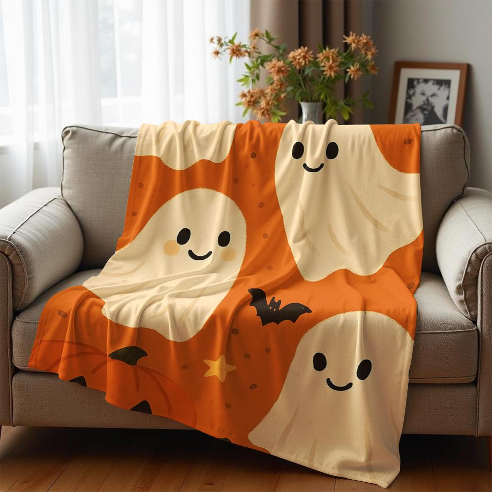Cute Orange Moon Ghost Cartoon Anime Print Flannel Blanket Soft Warm Throw for Kids Bedroom Sofa Christmas Office Car
