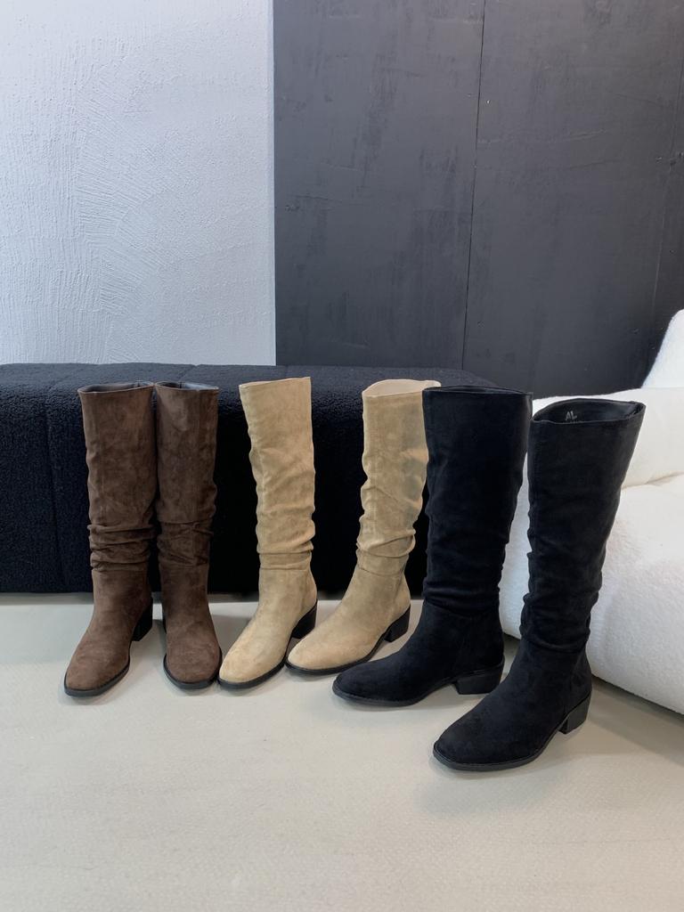 2025 new autumn and winter long tube stacking boots thick heel square head medium tube thin knight boots