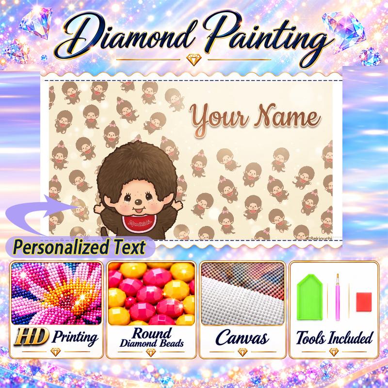 Monchhichi 5D DIY Diamond Painting Custom Name Text, Full Drill Rhinestone Mosaic Art Home Gift