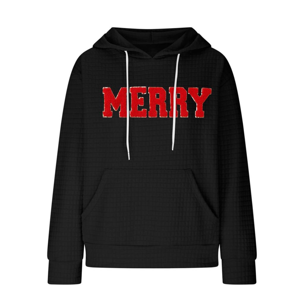 Women's Fashion Loose Hooded Pullover Long Sleeve Plaid Sweatshirt With Drawstring, Drop Shoulder, Pocket, Christmas Print Top