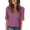 Women's Solid-color V Neck T Shirts Half Sleeve Tops Printed Casual Summer Tees T Shirt Blouse