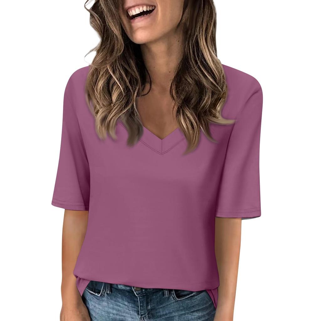 Women's Solid-color V Neck T Shirts Half Sleeve Tops Printed Casual Summer Tees T Shirt Blouse