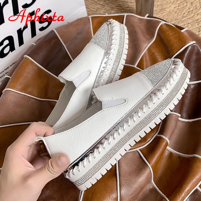 Fashion Aphixta 2025 New Crystals Luxury Leather Flats Shoes Women Hand Stitching Slip-on Flat Platform Footwear Plus Big Size 42 43
