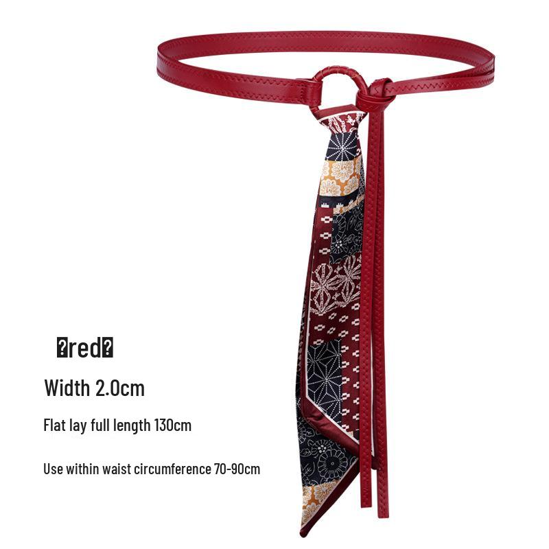 Red Silk Scarf Belt: Women's Retro Accessory for Jeans or Skirt with Double Belt Design.