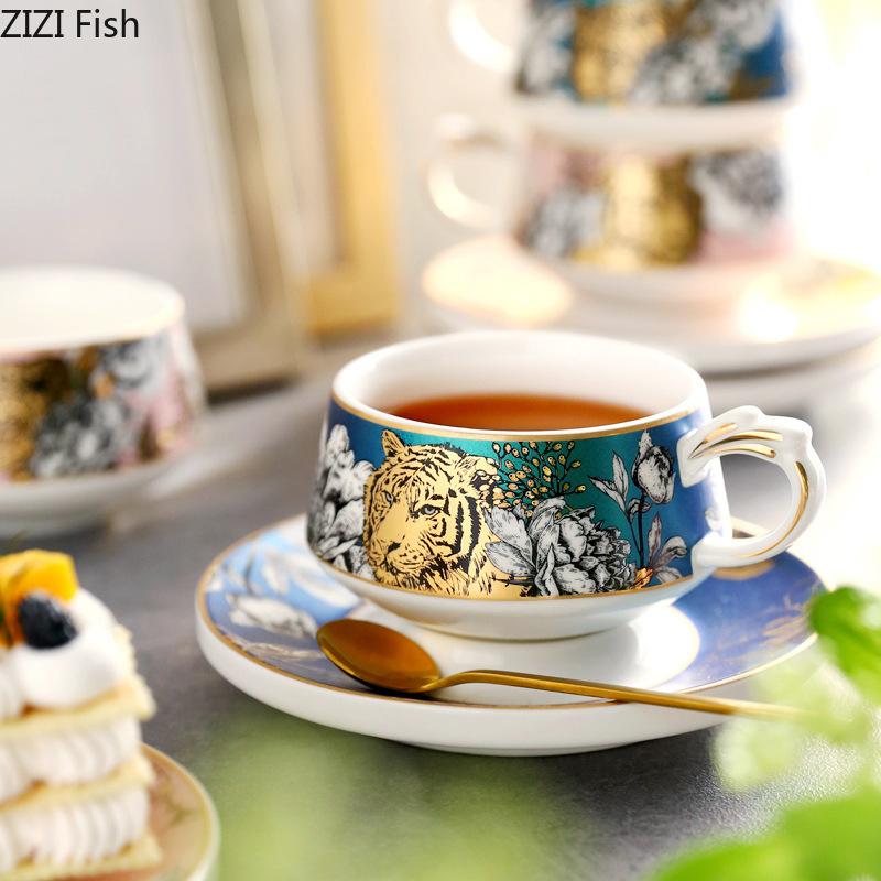 Fierce Tiger Pattern Porcelain Cup&saucer Exquisite Coffee Mug Dining Table Milk Mugs Afternoon Tea Teacup Fruits Juice Cup