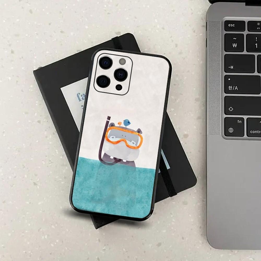 Cartoon Animal Hippopotamus Phone Case For Apple iPhone 15,14,13,12,11,Pro,X,XS,Max,XR,Plus,Mini Soft Black Cover