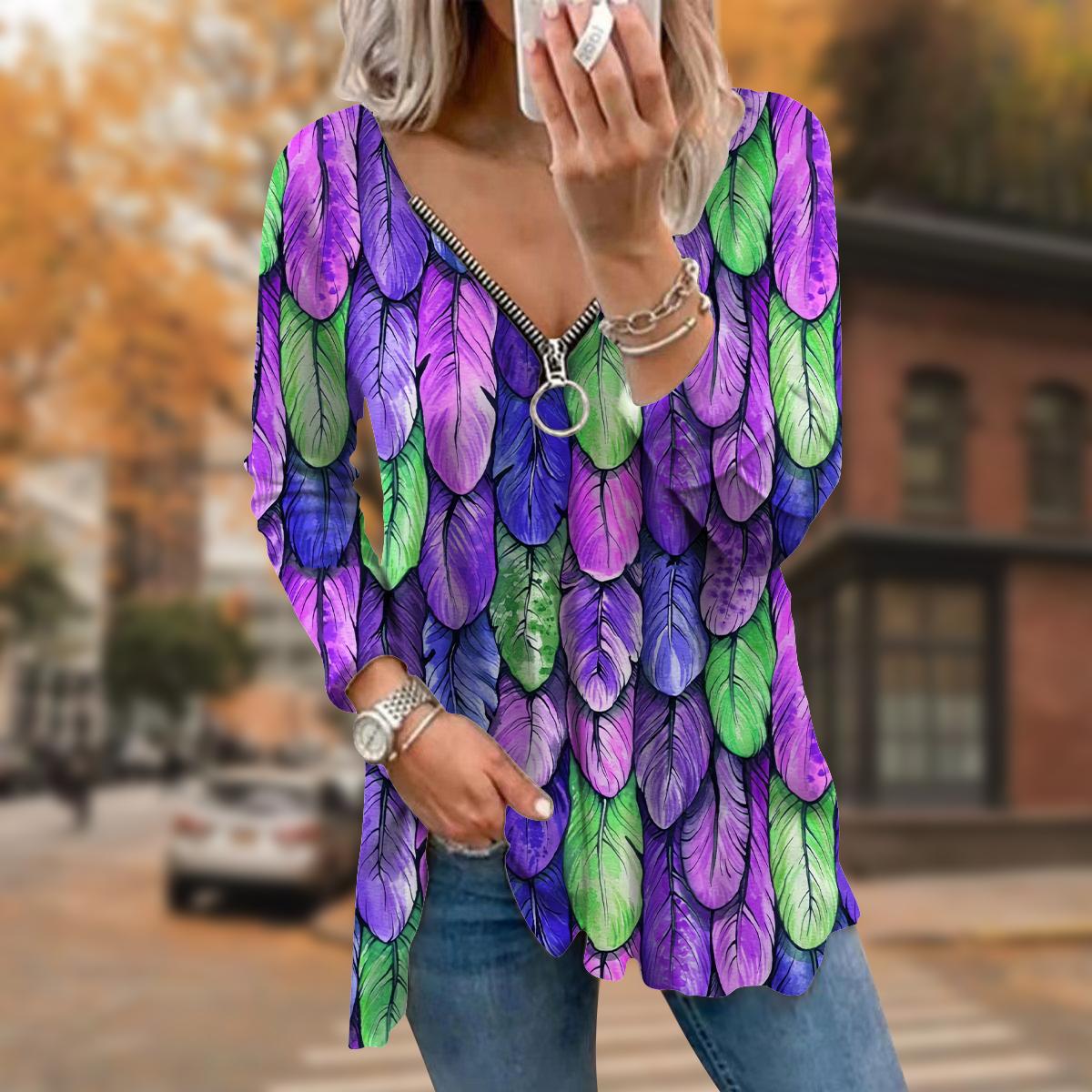 

Женские осенние красочные мини-футболки с длинным рукавом и принтом перьев, свободные футболки больших размеров с V-образным вырезом, удобные блузки 8XL фиолетовый
