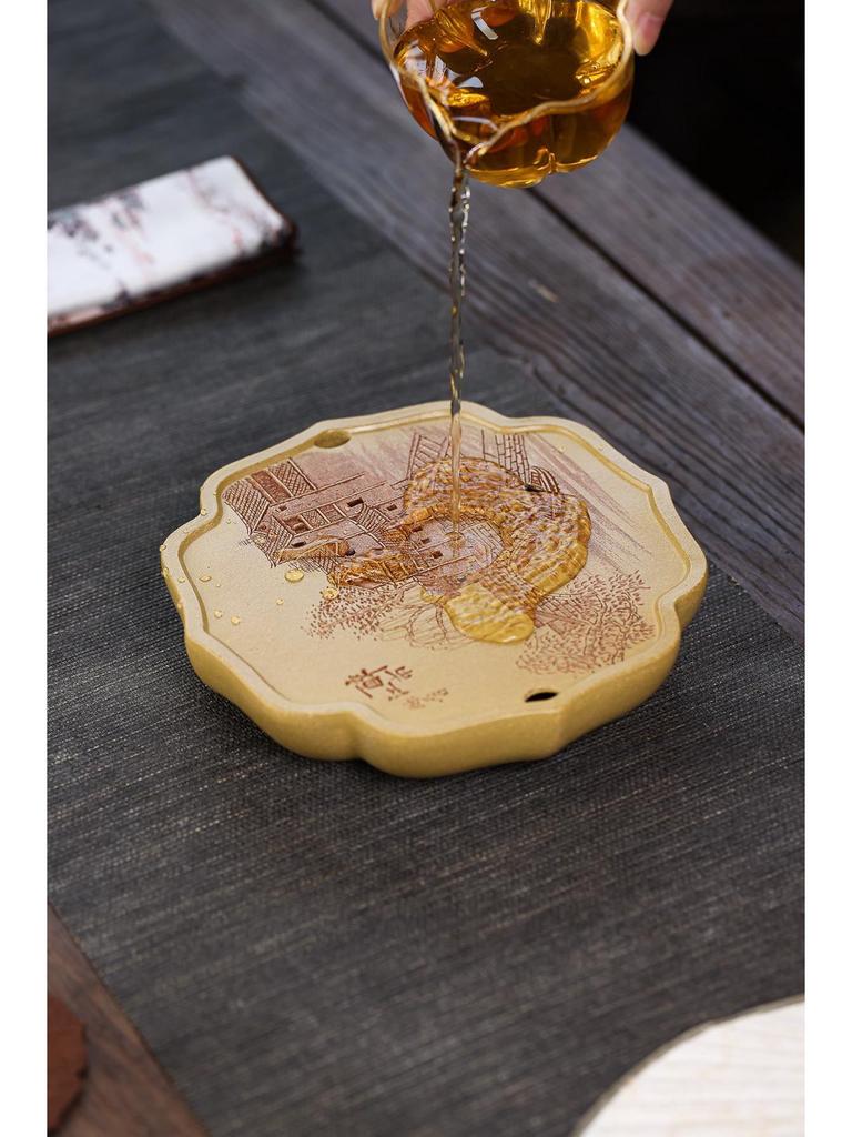 Yixing Zisha Original Ore Duan Ni Tea Tray with Exquisite Water Chestnut Flower Carvings.