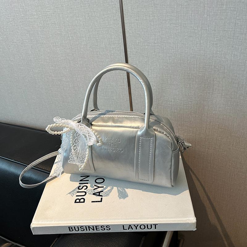 Mini Boston Handbag For Women Cute Style Top Handle Bag With Pearl Lace Bow Charm And Detachable Crossbody Strap For Daily Use