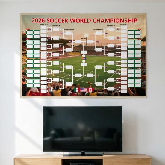 Voetbal Wandkaart Poster, Knock-out Schema En Finale Volg Wandvlag, Herbruikbare Waterdichte Polyester Wandtapijt voor Wedstrijdresultaten Registratie