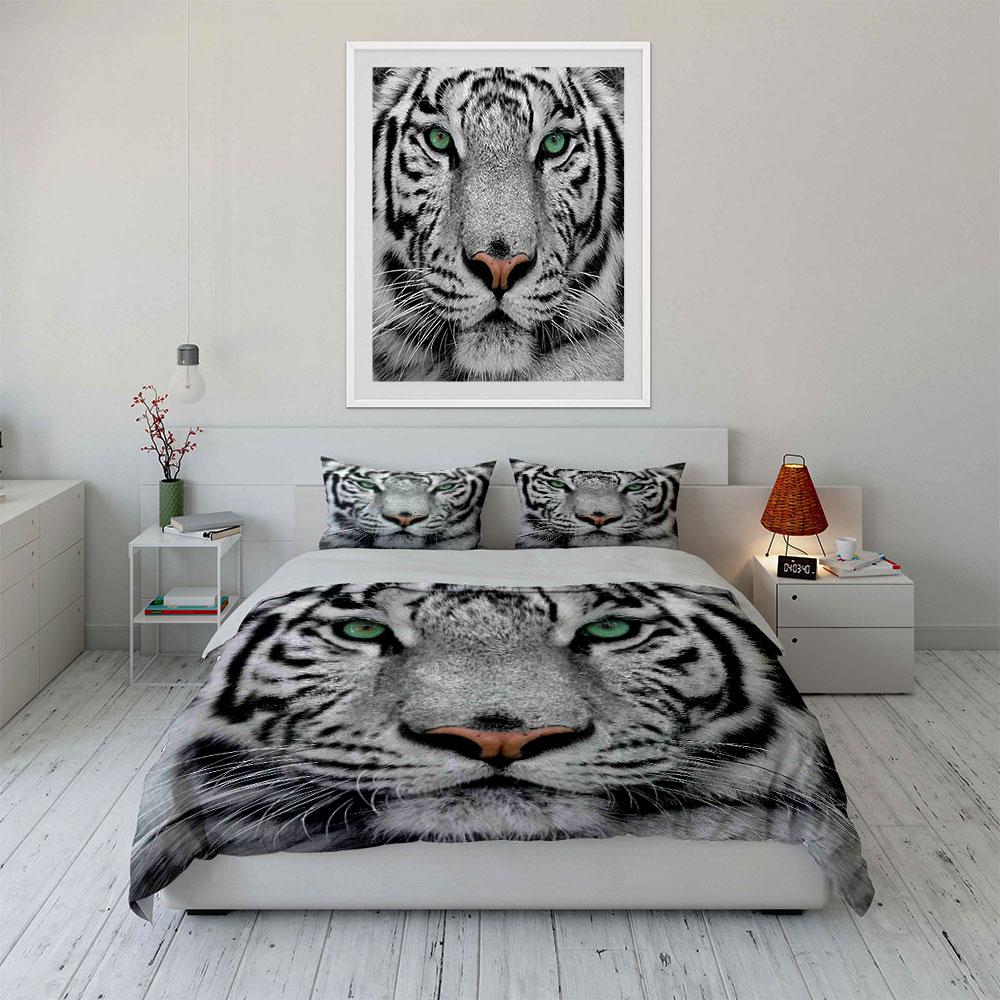 Close-Up Of White Tiger, Bright Green Eyes Print Soft Comfortable Duvet Cover Bedding Set Included 1*Duvet Cover 2*Pillowcases