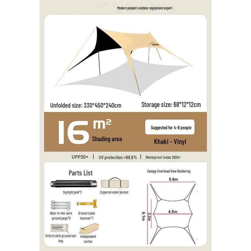 Hexagonal Waterproof Camping Canopy Tent with Sun Protection and Black Glue Coating