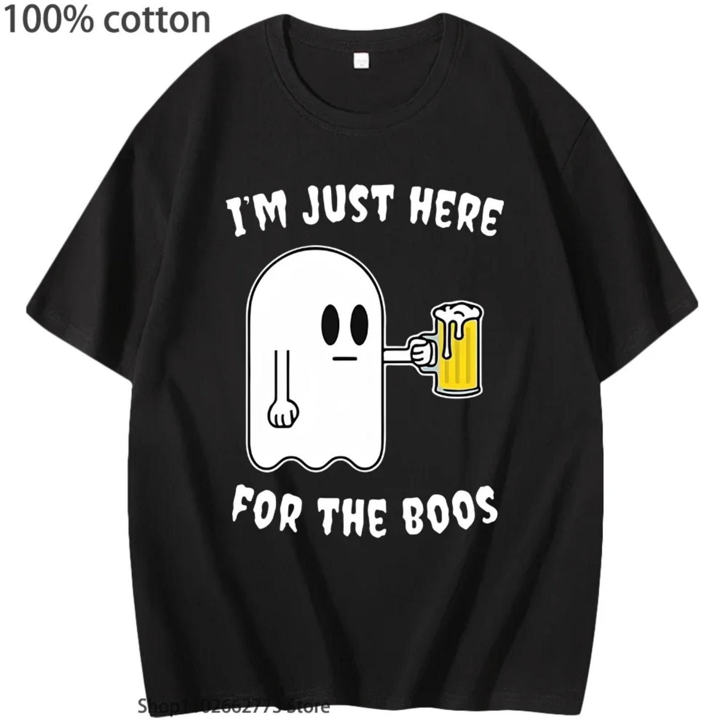 I m Just Here for The Boos Halloween Drinking Beer T-Shirt Ghost T Shirts Fashion  s Clothing Y2k Top  100% Cotton Tees S