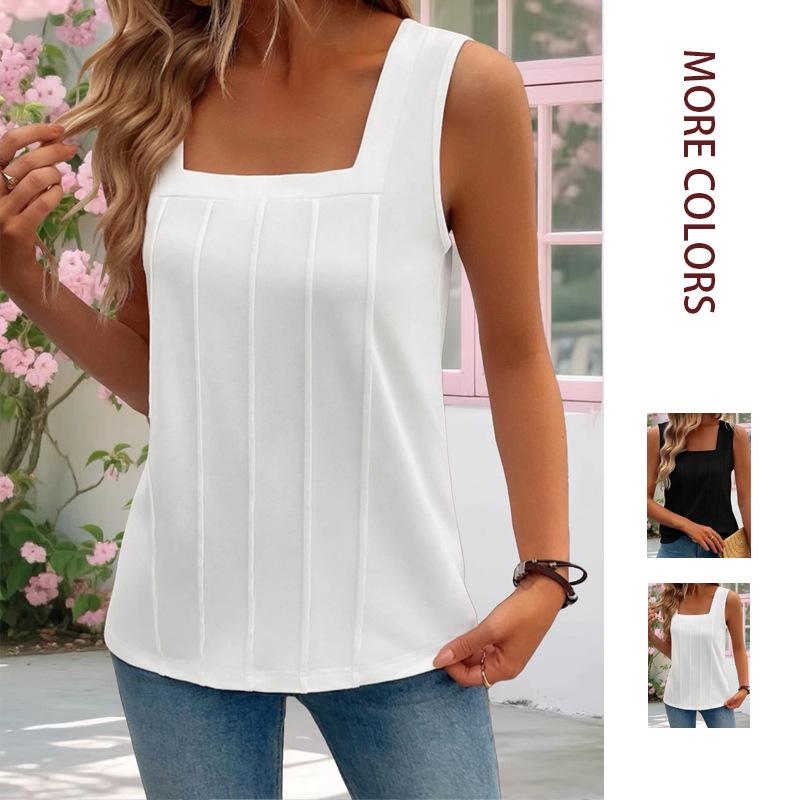 2026 European & American Women's Solid Color Knit Square Neck Pleated Vest - Summer Collection