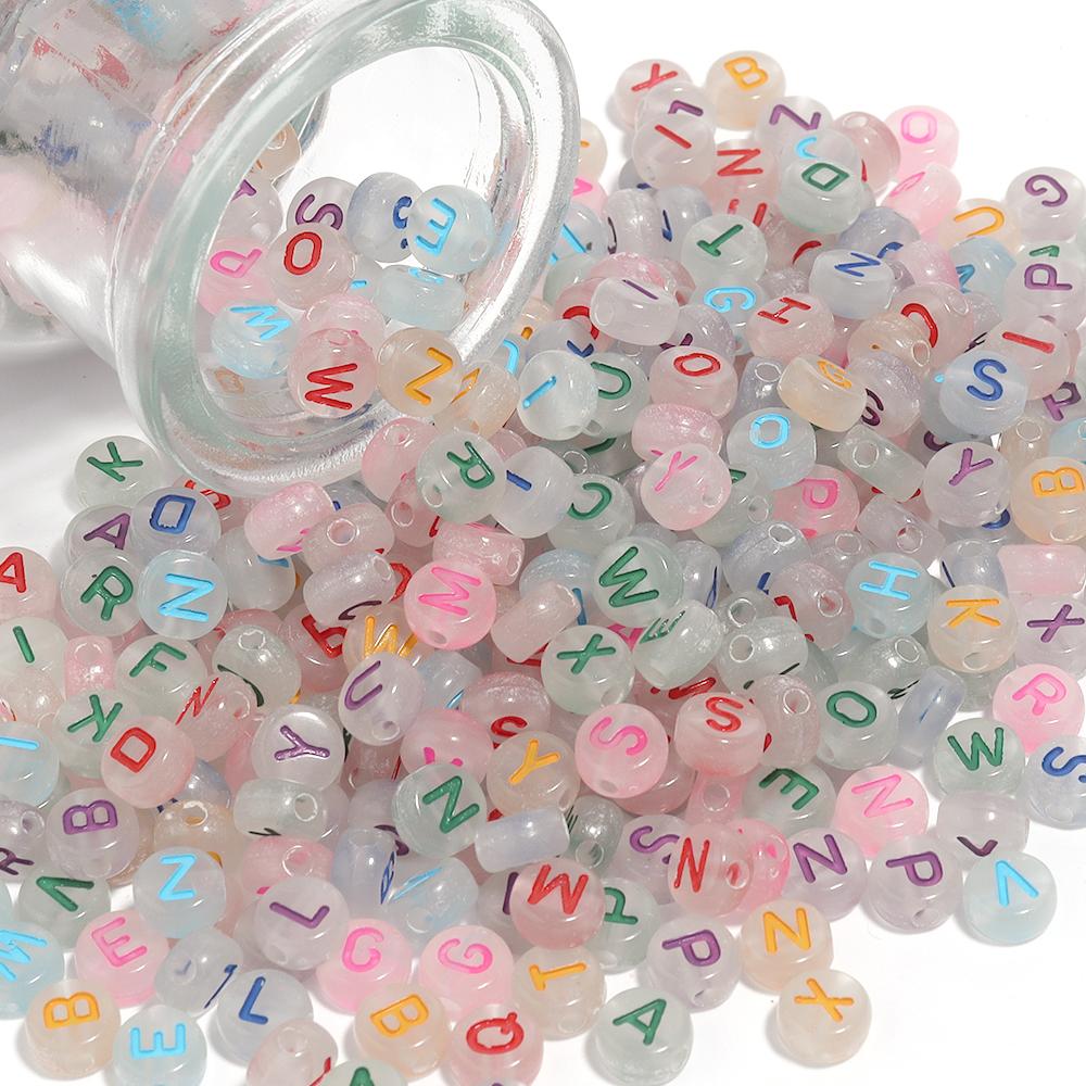 100Pcs/Lot 7mm Acrylic Luminous Beads Translucent Colorful Letter A-Z Flat Round Beads Diy Fashion Bracelet Necklace  Jewelry
