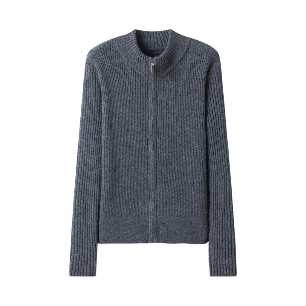 Lekasha Striped Cashmere Stand Collar Zip Cardigan